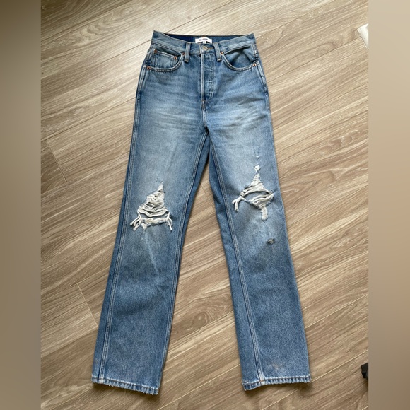 Redone 90s High Rise Loose Medium Destroyed Blue Wash Sz 24 100% Cotton EUC - Picture 4 of 13